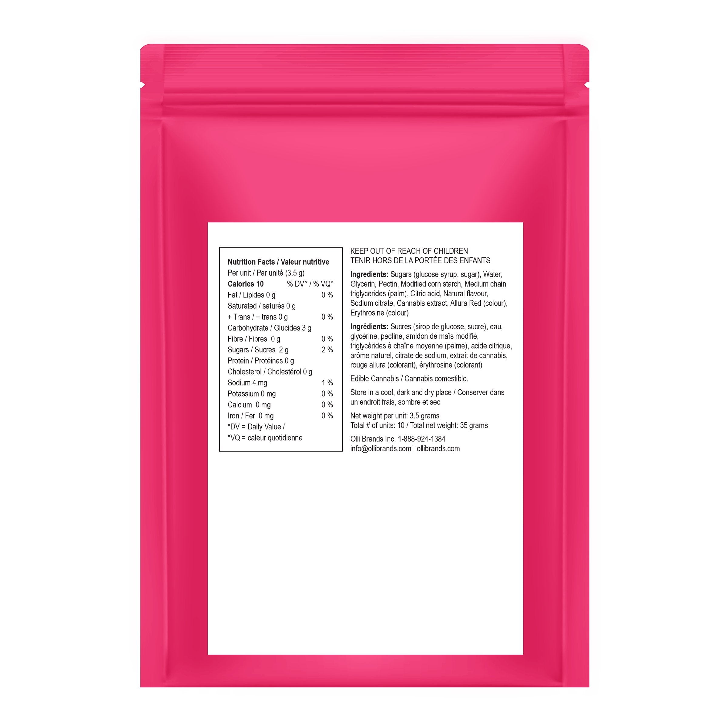 Back of the pink OlliOs Sour Multipack pouch showing the nutrition facts table and ingredient list.
