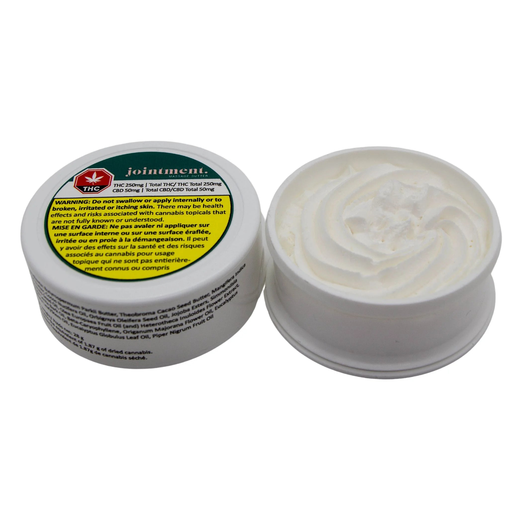 Two tubs of Jointment massage butter side by side, one open showing the whipped texture and one closed showing the label with THC/CBD content and ingredients.