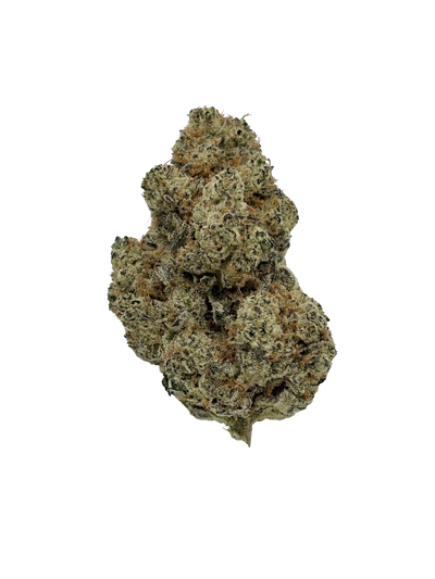 Close-up of a light green, trichome-covered cannabis flower bud against a black background.