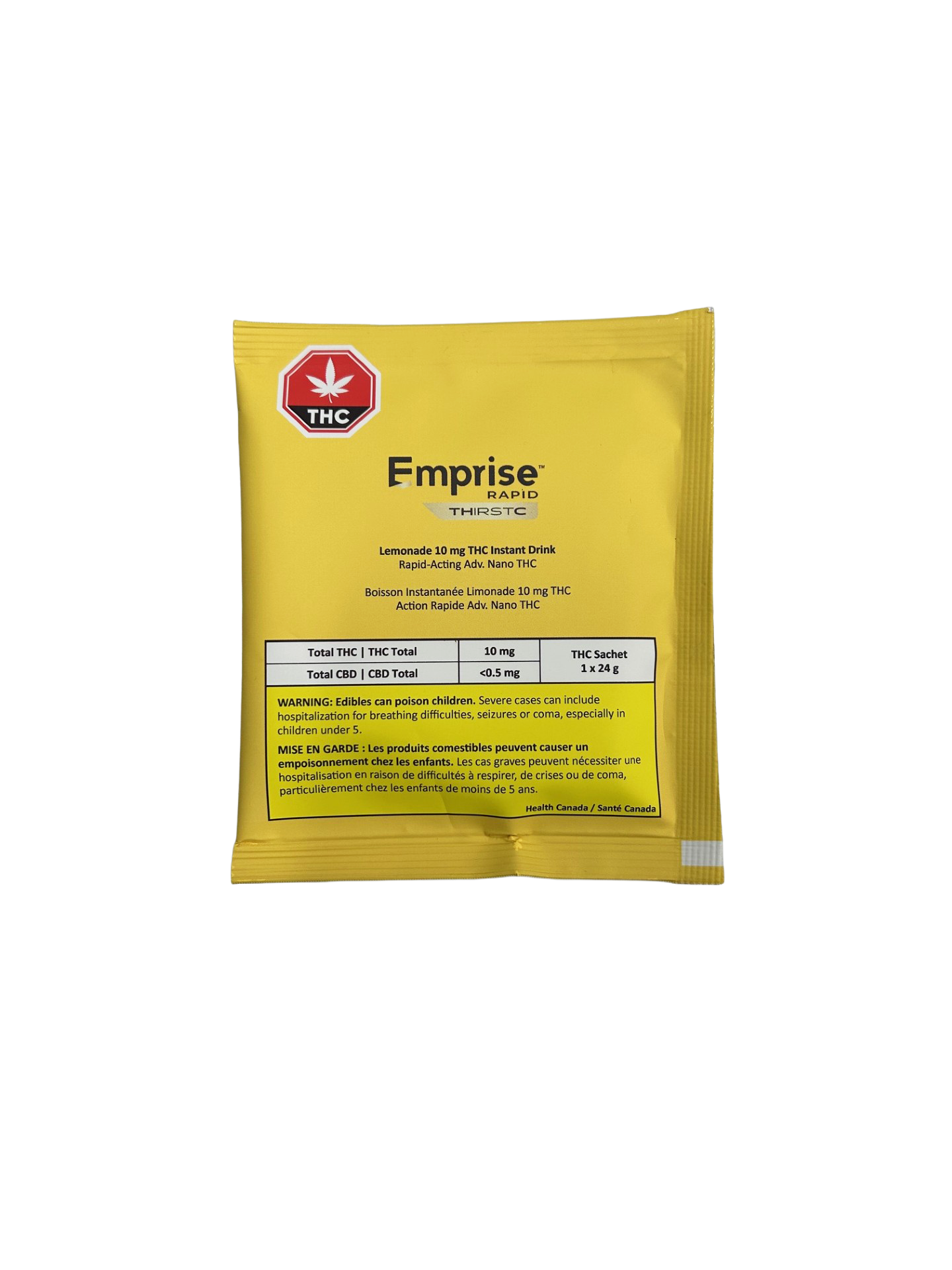 Back of the Emprise Rapid Thirstc Lemonade sachet showing THC content, net weight, and a Health Canada child-poisoning warning.
