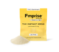 Yellow Emprise Rapid Thirstc THC Instant Drink pouch labeled Lemonade 10 mg, standing beside a mound of pale powdered drink mix.