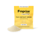 Yellow Emprise Rapid Thirstc THC Instant Drink pouch labeled Lemonade 10 mg, standing beside a mound of pale powdered drink mix.