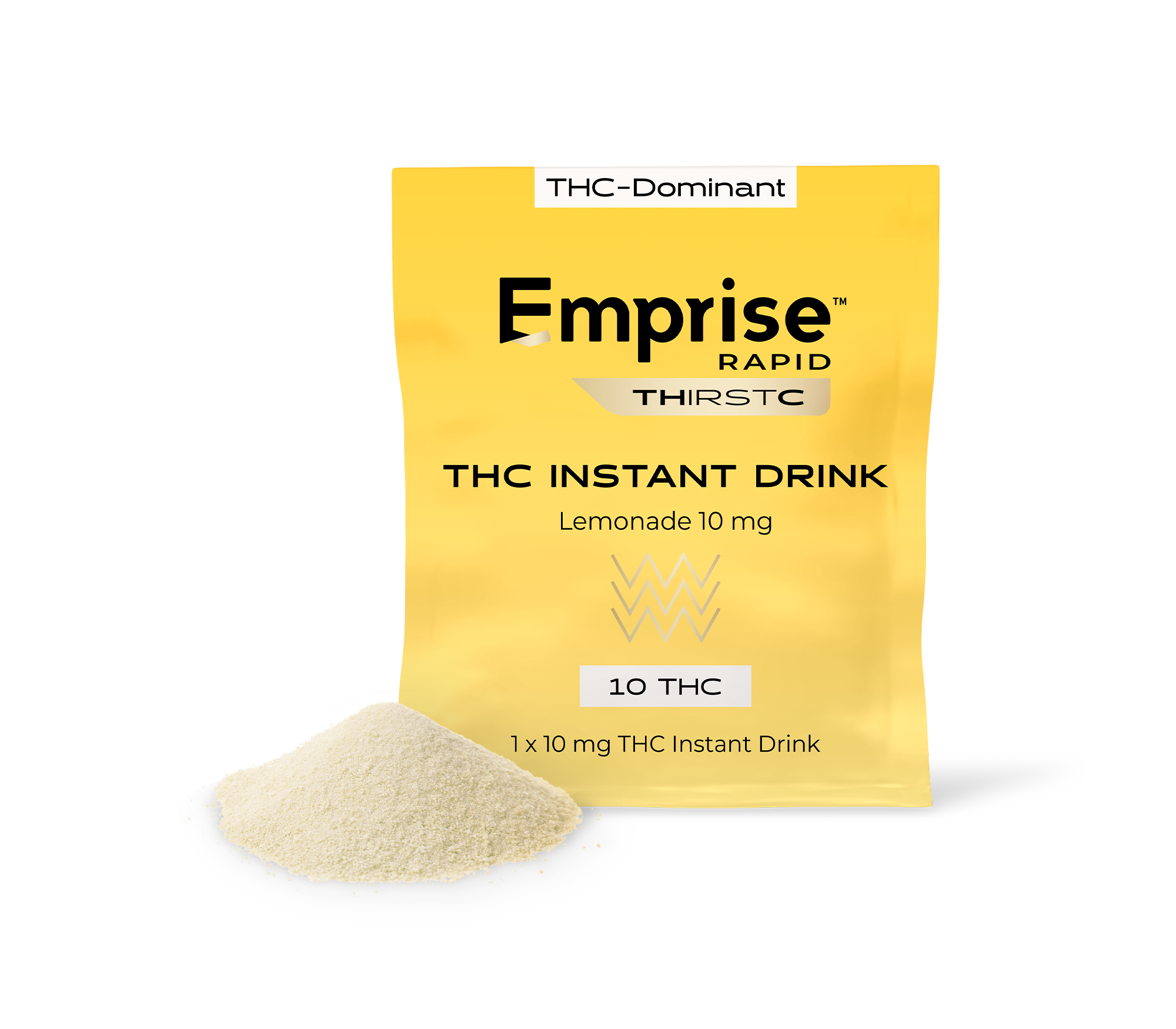 Yellow Emprise Rapid Thirstc THC Instant Drink pouch labeled Lemonade 10 mg, standing beside a mound of pale powdered drink mix.