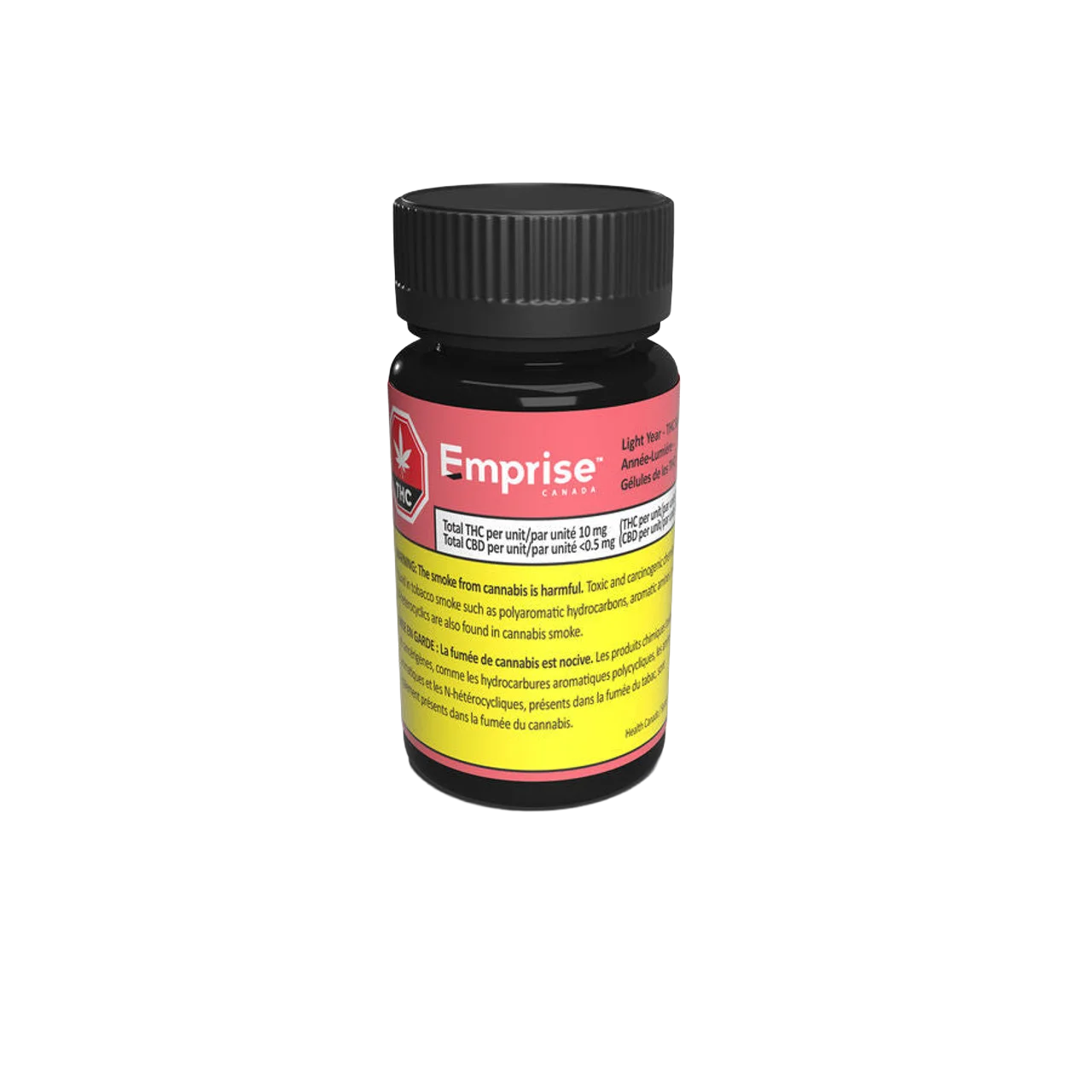 Side view of the black Emprise Light Year THC softgel bottle showing the pink label and Health Canada warning text.