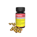 Black bottle of Emprise Light Year THC softgels with a pink label, beside a pile of loose amber softgel capsules.