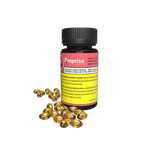 Black bottle of Emprise Light Year THC softgels with a pink label, beside a pile of loose amber softgel capsules.