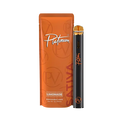 Orange Platinum Limonade Sativa pouch beside a black disposable vape pen with an amber mouthpiece
