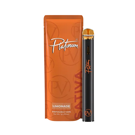 Orange Platinum Limonade Sativa pouch beside a black disposable vape pen with an amber mouthpiece