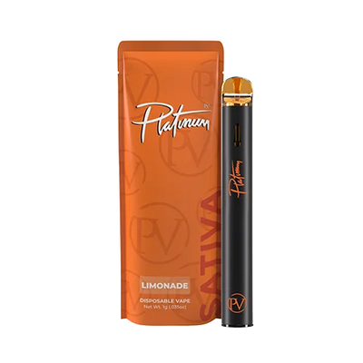 Orange Platinum Limonade Sativa pouch beside a black disposable vape pen with an amber mouthpiece