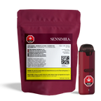 Burgundy Sensimila-branded package for the Liquid Diamond and Live Rosin Dual Chamber Disposable Vape, shown beside the red device, with product and warning labels.