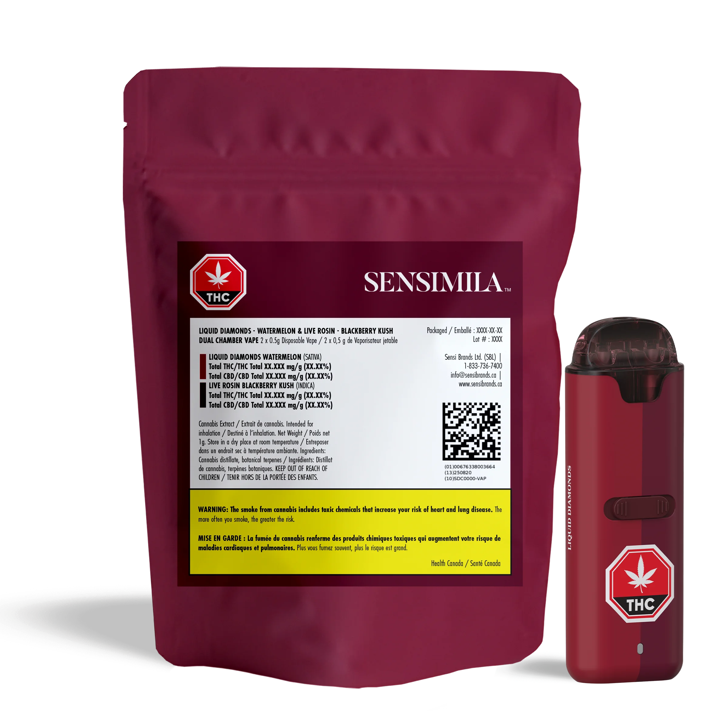 Burgundy Sensimila-branded package for the Liquid Diamond and Live Rosin Dual Chamber Disposable Vape, shown beside the red device, with product and warning labels.