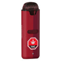 Red dual-chamber disposable vape device labeled Liquid Diamonds, with a THC warning icon on the front.