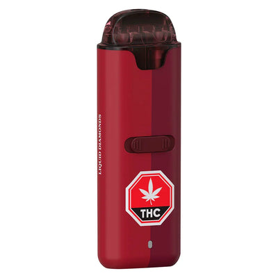 Red dual-chamber disposable vape device labeled Liquid Diamonds, with a THC warning icon on the front.
