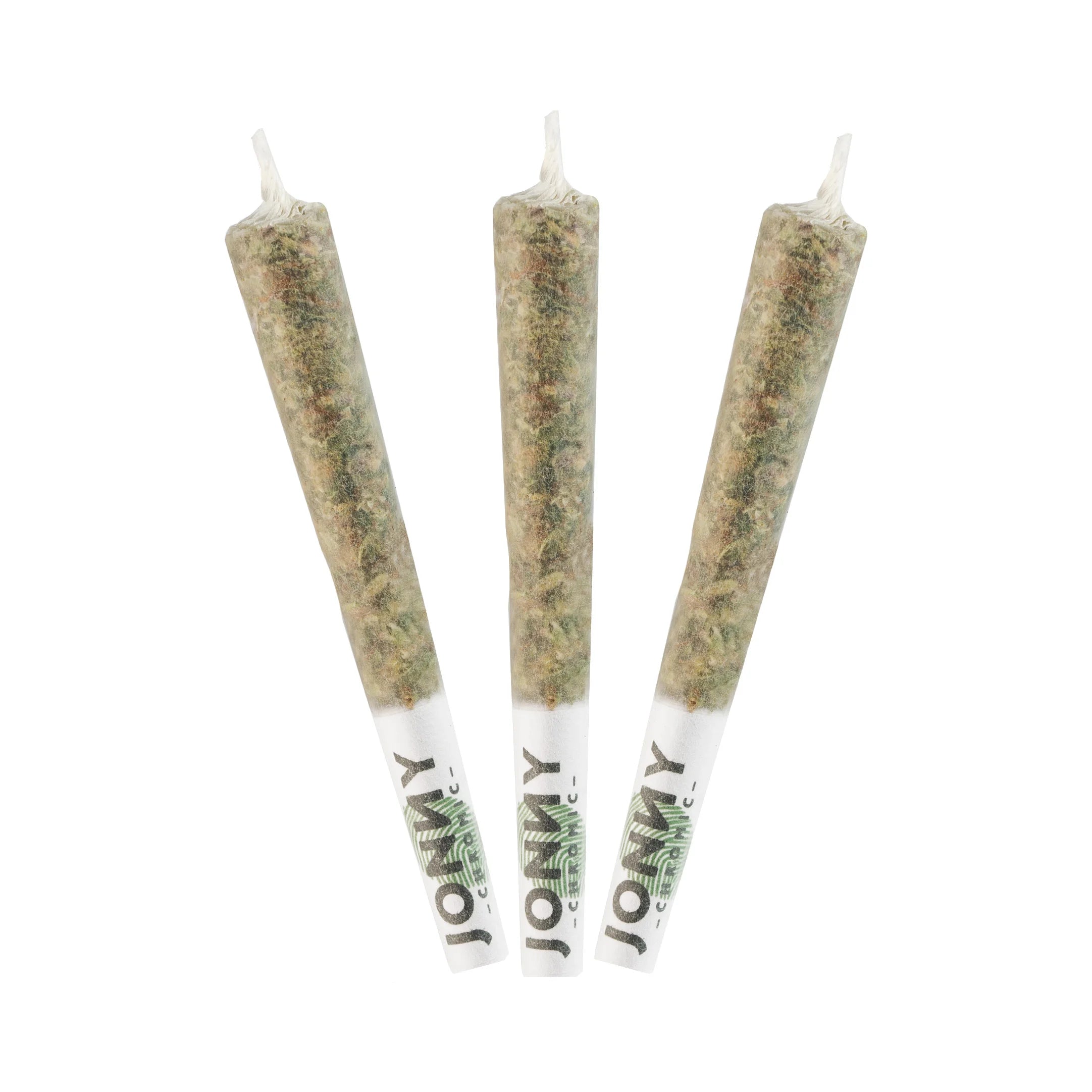 Three cone-shaped Jonny Chronic pre-rolled joints with white filter tips, fanned out against a white background.