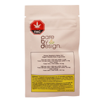Care by Design pouch with a THC warning icon labeled Mango Raspberry Relax 10:1, vegan and gluten-free, 5 gummies, with cannabinoid content and Health Canada warning text.