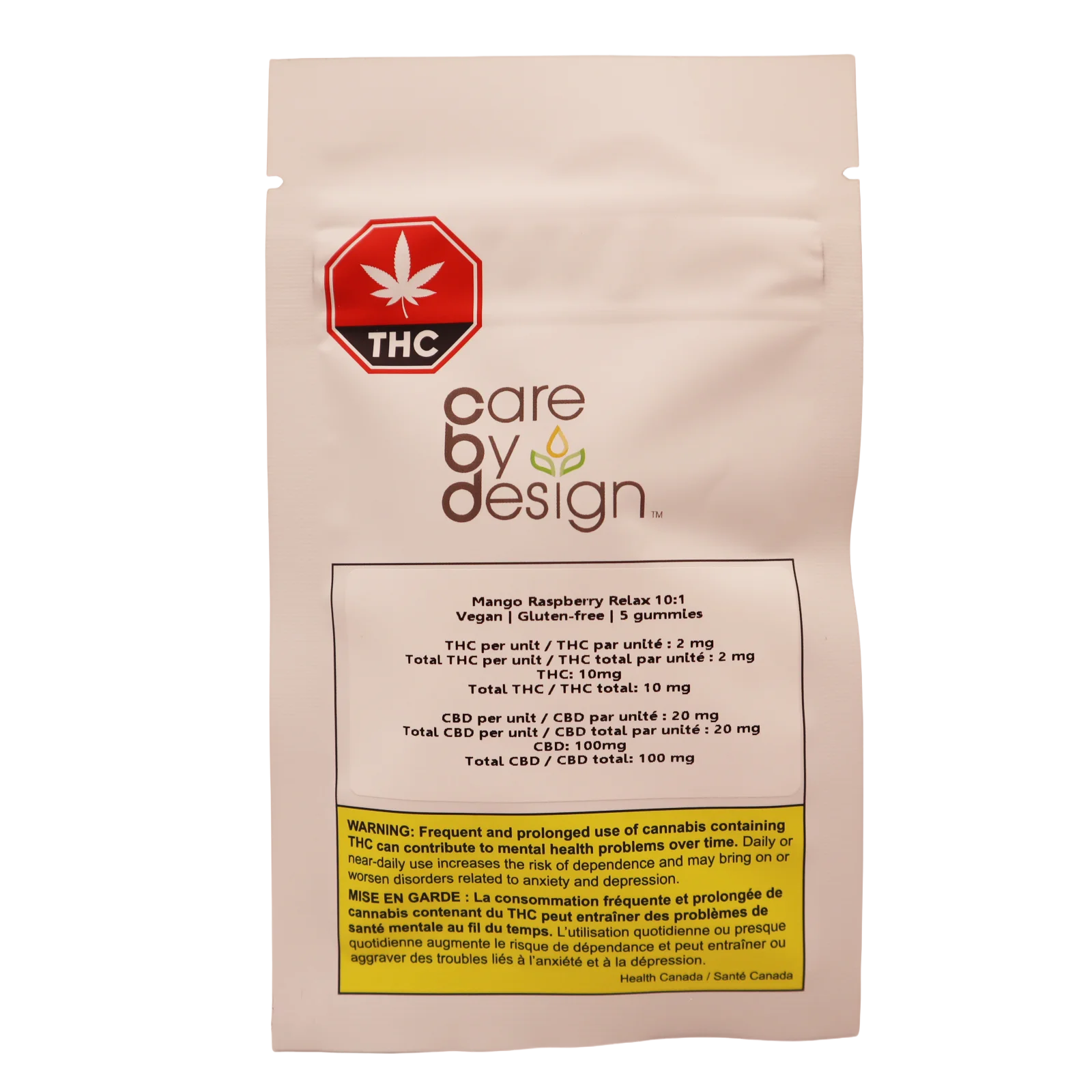 Care by Design pouch with a THC warning icon labeled Mango Raspberry Relax 10:1, vegan and gluten-free, 5 gummies, with cannabinoid content and Health Canada warning text.