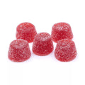 Five red sugar-coated soft chew gummies arranged in a small pile.
