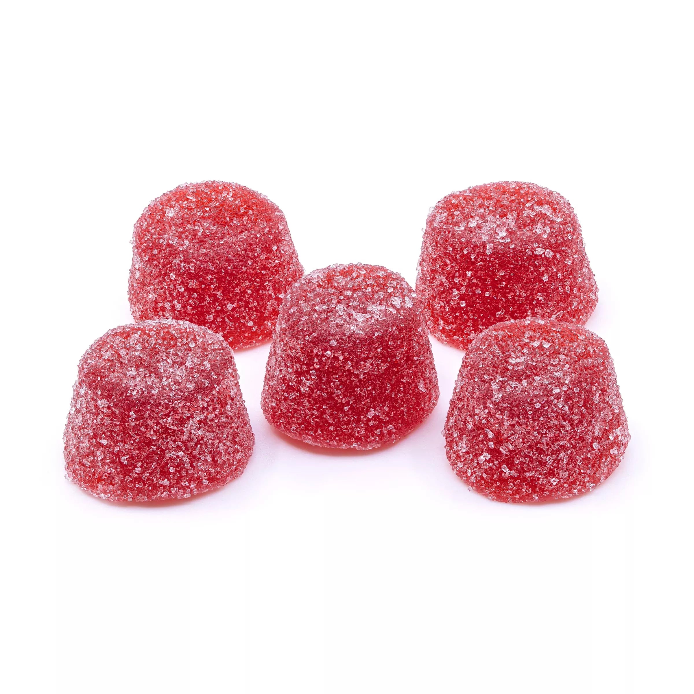Five red sugar-coated soft chew gummies arranged in a small pile.