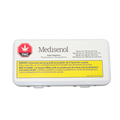 White plastic case for Medisenol Green Suppository, labeled 10 suppositories with THC and CBD content and a Health Canada bilingual warning.