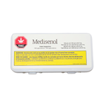 White plastic case for Medisenol Green Suppository, labeled 10 suppositories with THC and CBD content and a Health Canada bilingual warning.