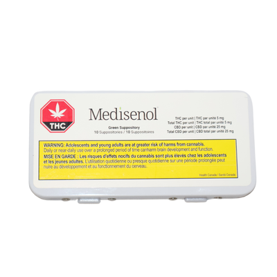 White plastic case for Medisenol Green Suppository, labeled 10 suppositories with THC and CBD content and a Health Canada bilingual warning.