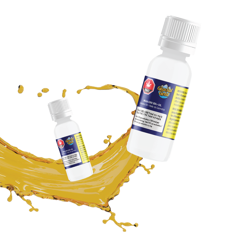 Two white dropper bottles of Glacial Gold Mega CBD 200+ Oil with navy and yellow labels, set against a splash of gold-colored oil.
