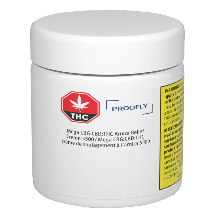 White cylindrical jar of Proofly Mega CBG:CBD:THC Arnica Relief Cream, with THC warning icon and cannabis topical warning label.
