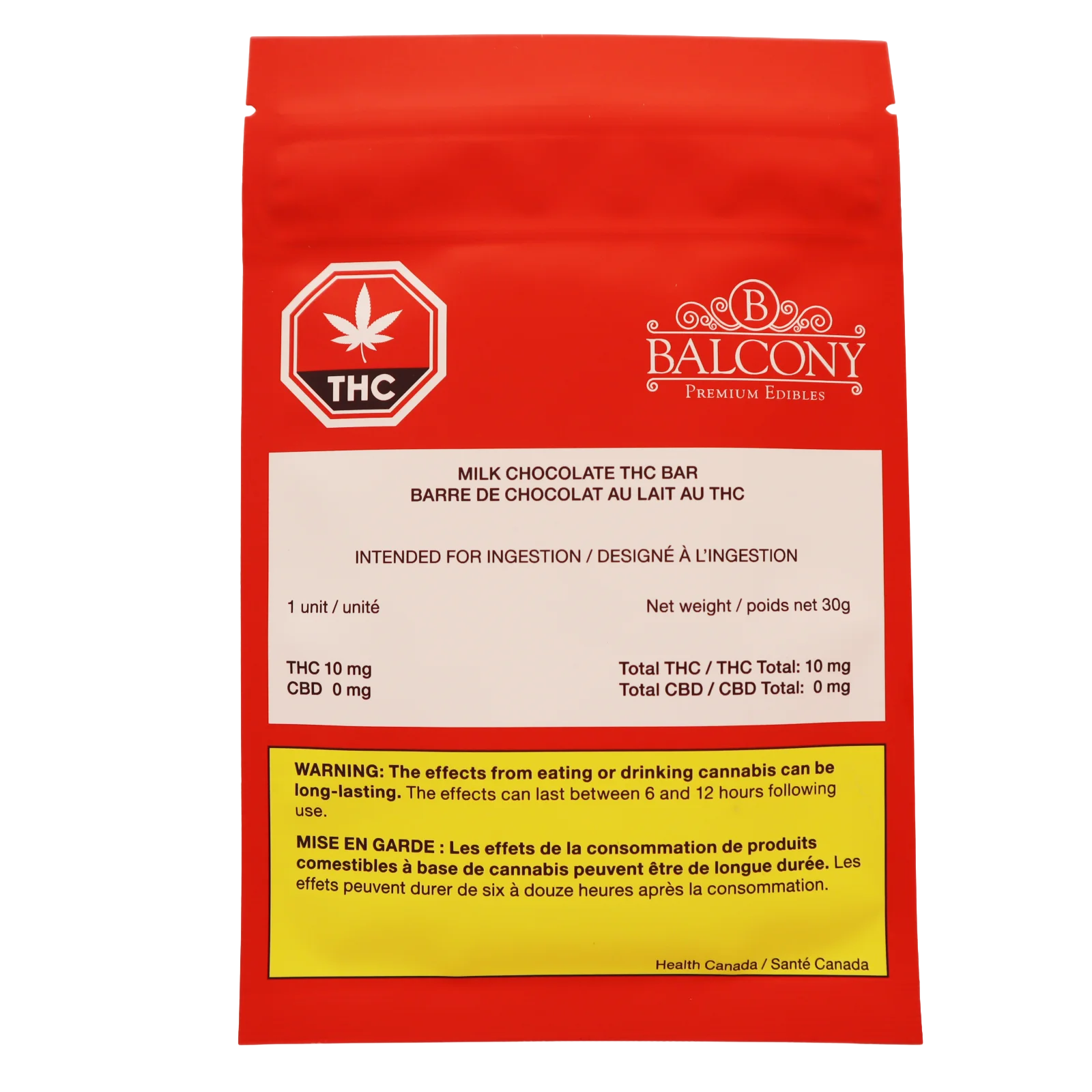 Red resealable Balcony Premium Edibles pouch for Milk Chocolate THC Bar, printed with dosage details and a THC warning symbol.