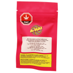 Pink stand-up pouch with A-HA! branding for Milk Chocolate Live Rosin Waffle Cones, listing THC content and a cannabis smoke warning.