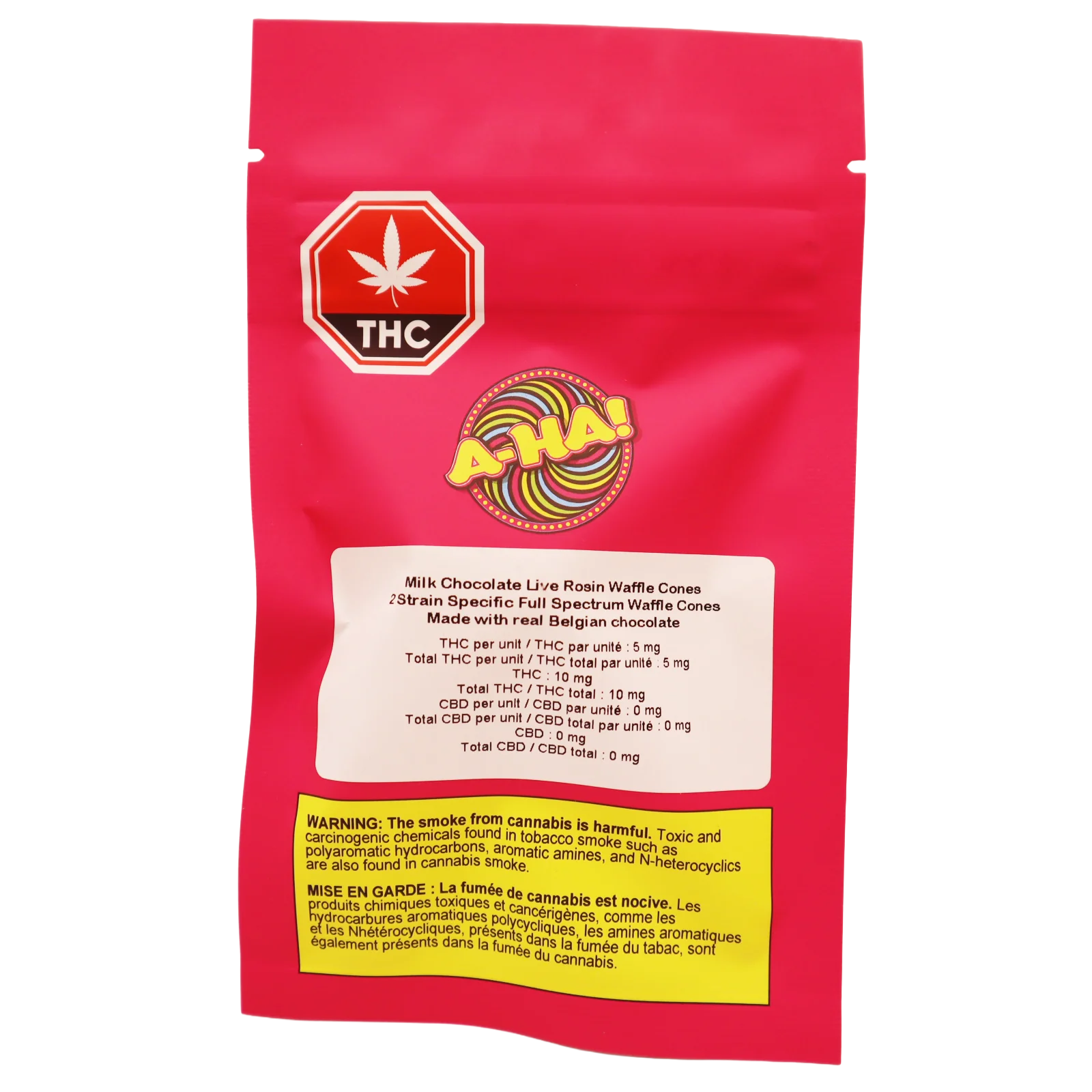 Pink stand-up pouch with A-HA! branding for Milk Chocolate Live Rosin Waffle Cones, listing THC content and a cannabis smoke warning.