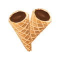 Two chocolate-filled waffle cones arranged tip to tip in a heart shape, showing the crosshatched cone texture and dark chocolate filling.