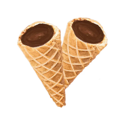 Two chocolate-filled waffle cones arranged tip to tip in a heart shape, showing the crosshatched cone texture and dark chocolate filling.