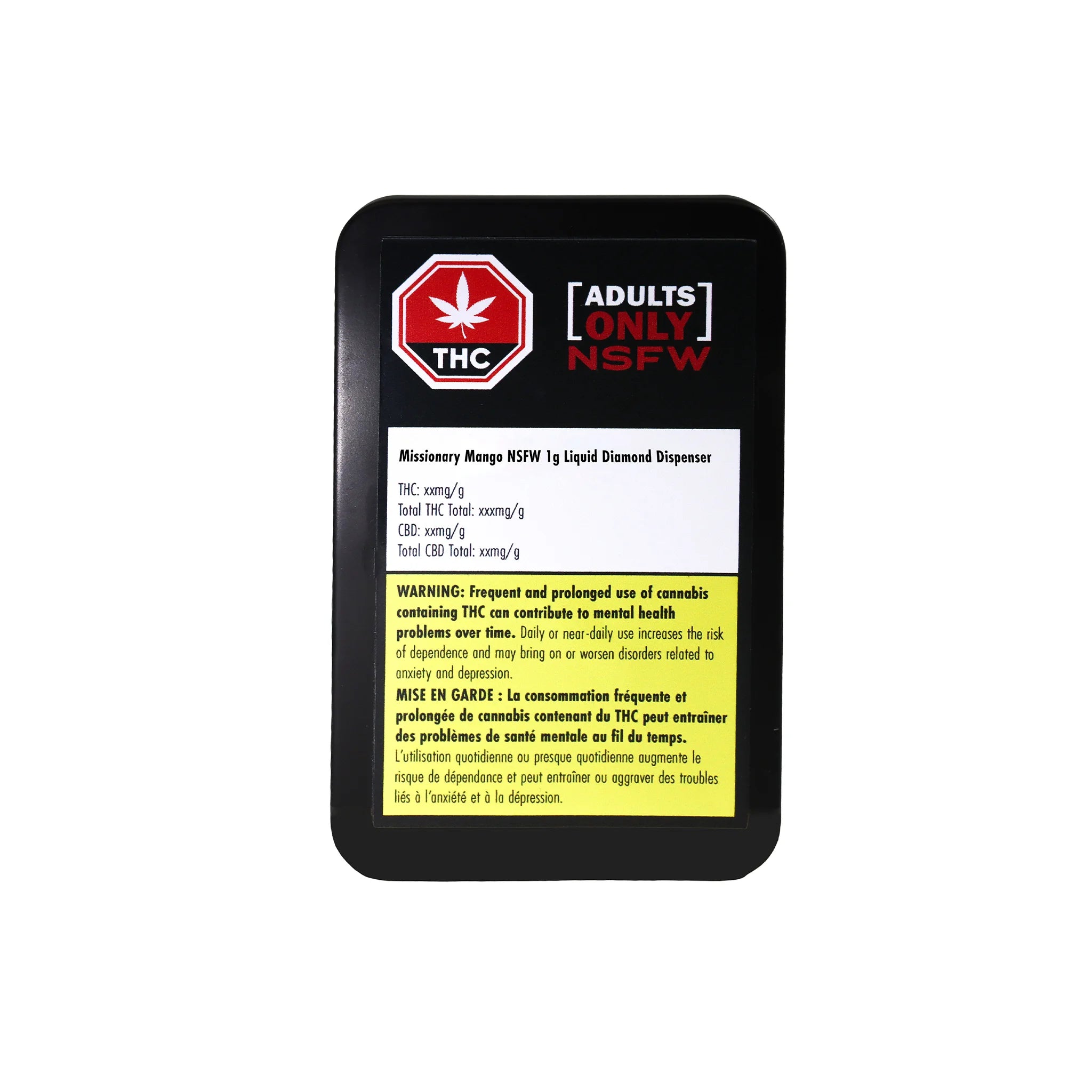 Black packaging card for the Missionary Mango NSFW 1g Liquid Diamond Dispenser with a red THC stop-sign symbol and ADULTS ONLY NSFW heading.