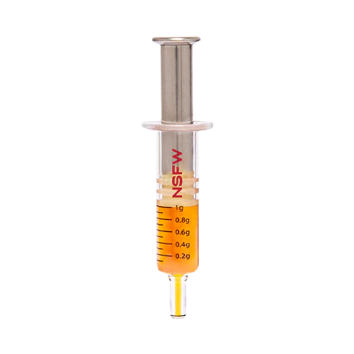 Glass dab applicator syringe filled with orange liquid diamond concentrate, labeled NSFW with volume markings from 0.2g to 1g.