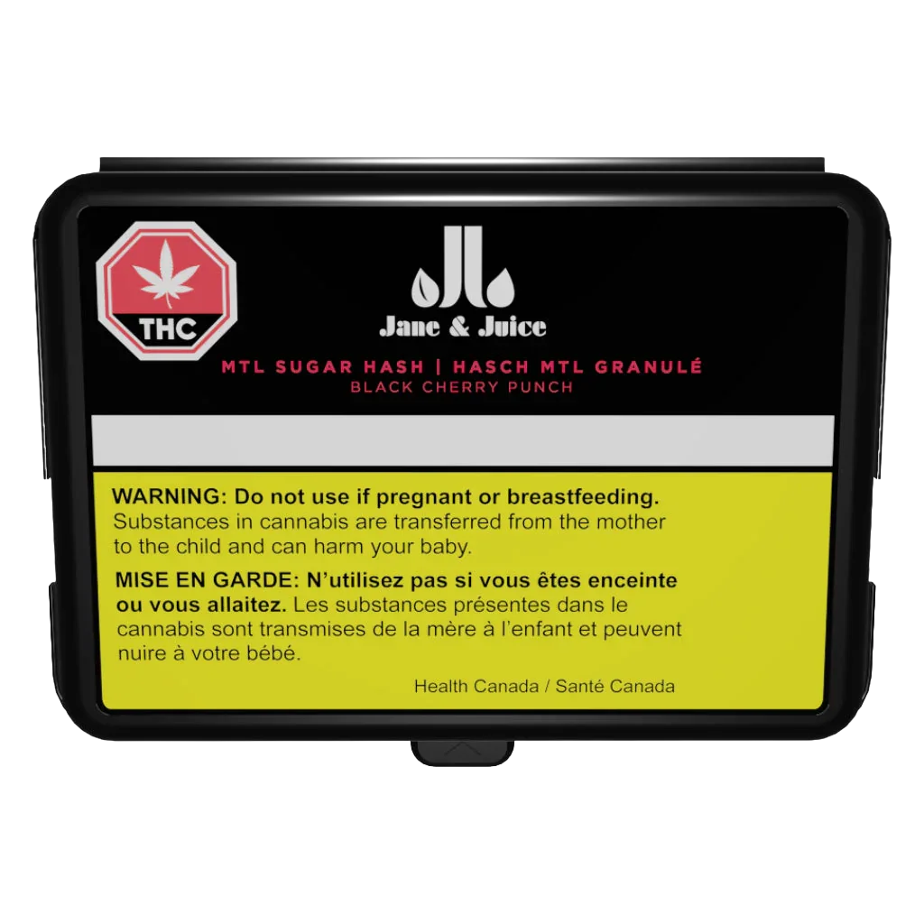 Black rectangular case labeled Jane & Juice MTL Sugar Hash, Black Cherry Punch flavour, with THC warning icon and cannabis pregnancy warning.