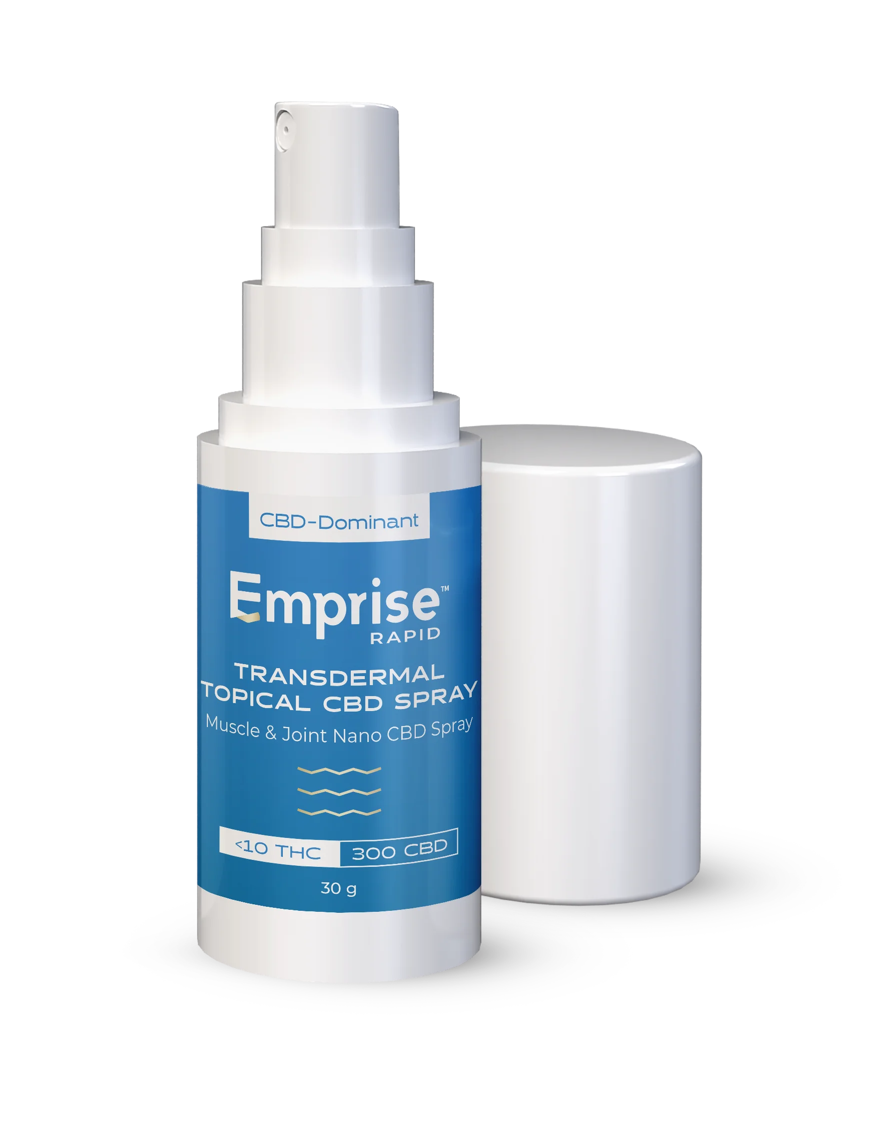 Emprise Rapid Muscle & Joint Nano CBD transdermal spray bottle with cap removed and set beside it, blue label showing 300 CBD content.