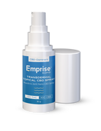 White pump bottle of Emprise Rapid Muscle & Joint Nano CBD transdermal spray beside its cap, blue label reading 300 CBD, under 10 THC, 30 g.