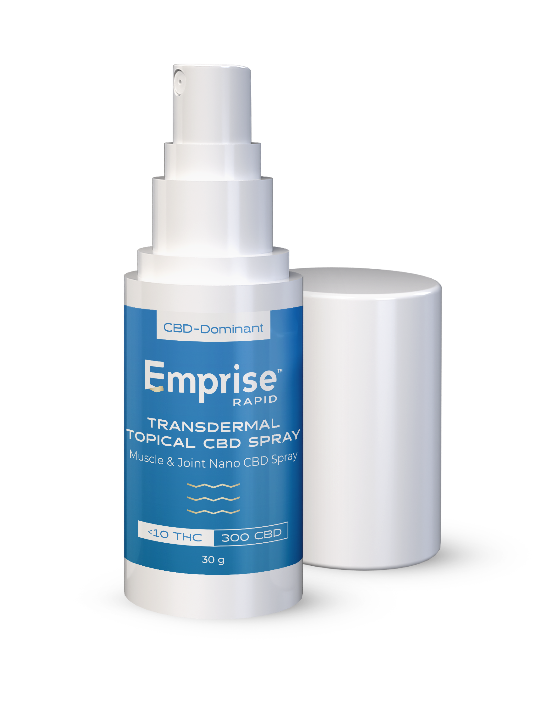 White pump bottle of Emprise Rapid Muscle & Joint Nano CBD transdermal spray beside its cap, blue label reading 300 CBD, under 10 THC, 30 g.