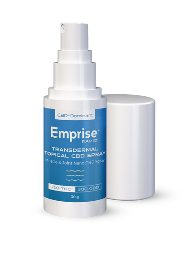 White pump bottle of Emprise Rapid Muscle & Joint Nano CBD transdermal spray beside its cap, blue label reading 300 CBD, under 10 THC, 30 g.