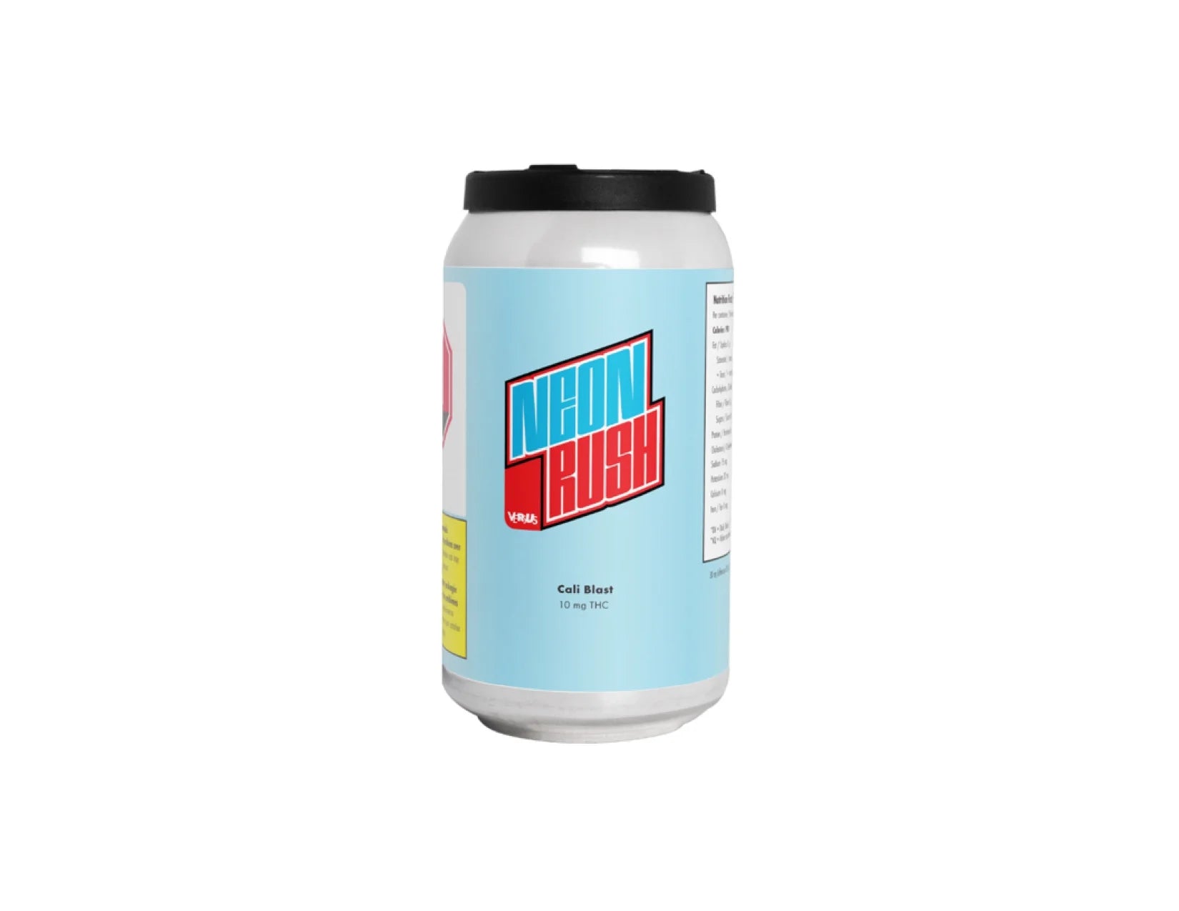 White can with black lid for Neon Rush Cali Blast, showing a light blue label and nutrition panel.