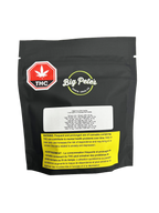 Black stand-up pouch packaging for Big Pete's Nighttime CBN Cookie, Santa Cruz CA, with THC symbol, product label, and cannabis warning panel.