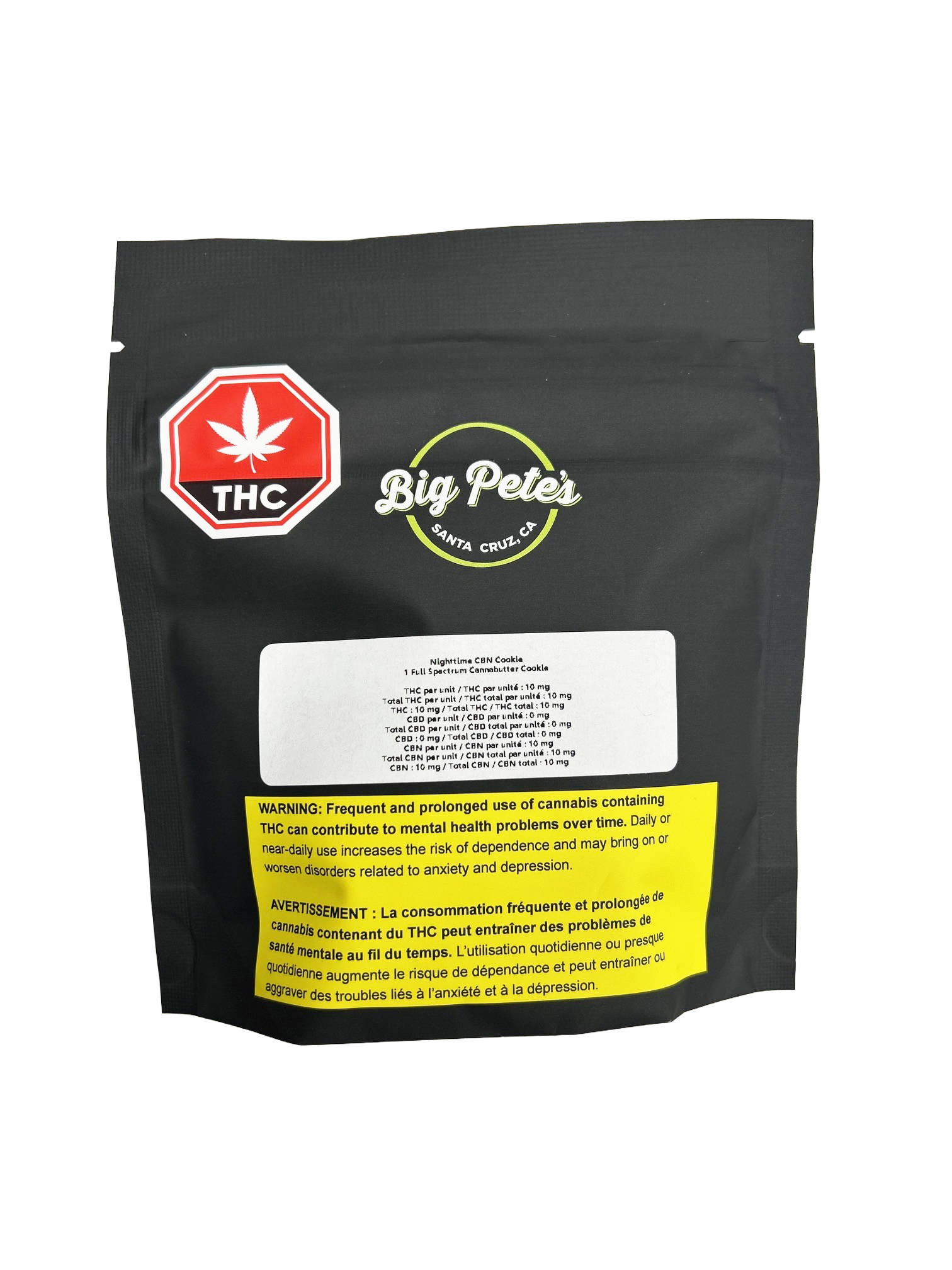 Black stand-up pouch packaging for Big Pete's Nighttime CBN Cookie, Santa Cruz CA, with THC symbol, product label, and cannabis warning panel.