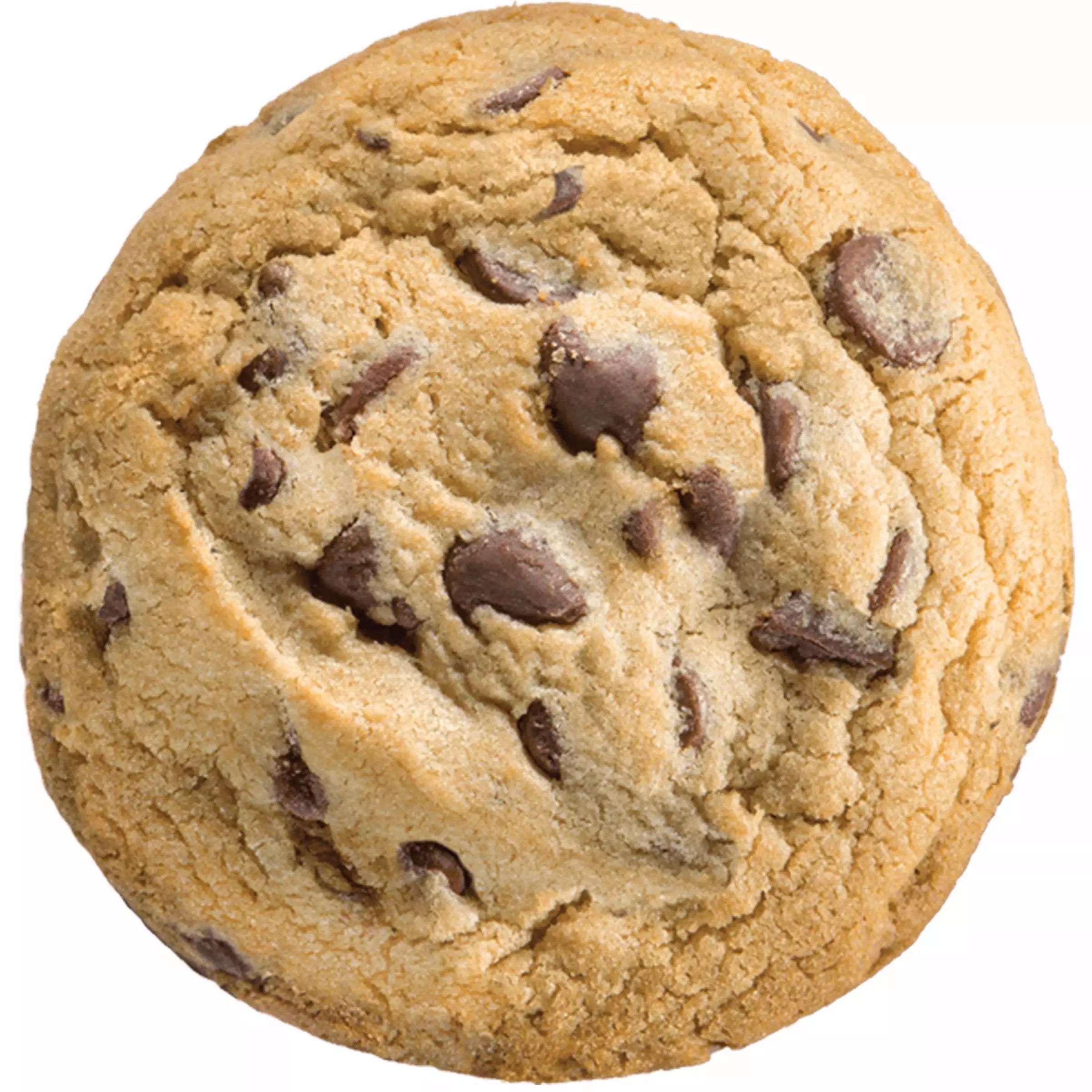 Round chocolate chip cookie shown from above.