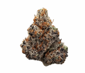 A dense, frosty cannabis bud with light green coloring and orange pistils, shown on a white background.