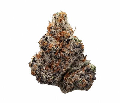 A dense, frosty cannabis bud with light green coloring and orange pistils, shown on a white background.