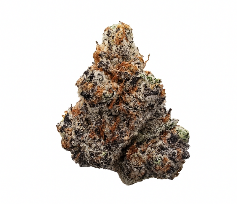 A dense, frosty cannabis bud with light green coloring and orange pistils, shown on a white background.