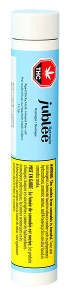 Light blue cylindrical tube packaging for Jublee Extracts Nostalgia Aged Sticky Hash Infused Pre-Roll, with THC warning icon and cannabis smoke warning text.