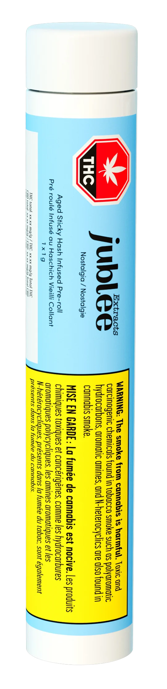 Light blue cylindrical tube packaging for Jublee Extracts Nostalgia Aged Sticky Hash Infused Pre-Roll, with THC warning icon and cannabis smoke warning text.