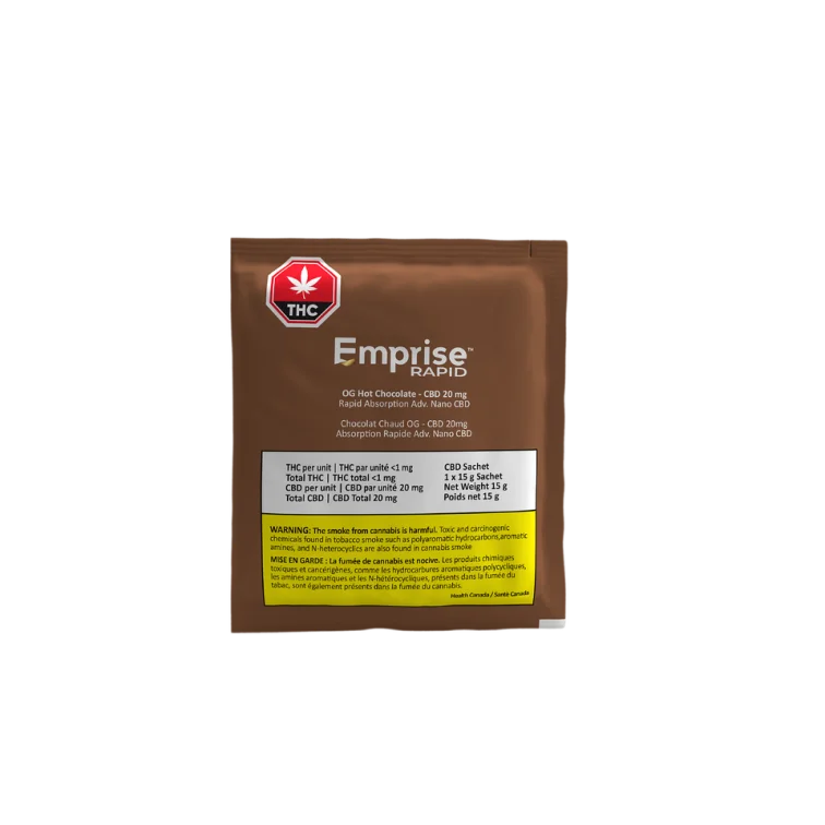 Brown sachet packet for Emprise Rapid OG Hot Chocolate CBD 20 mg, showing THC/CBD content and a cannabis smoke warning label.