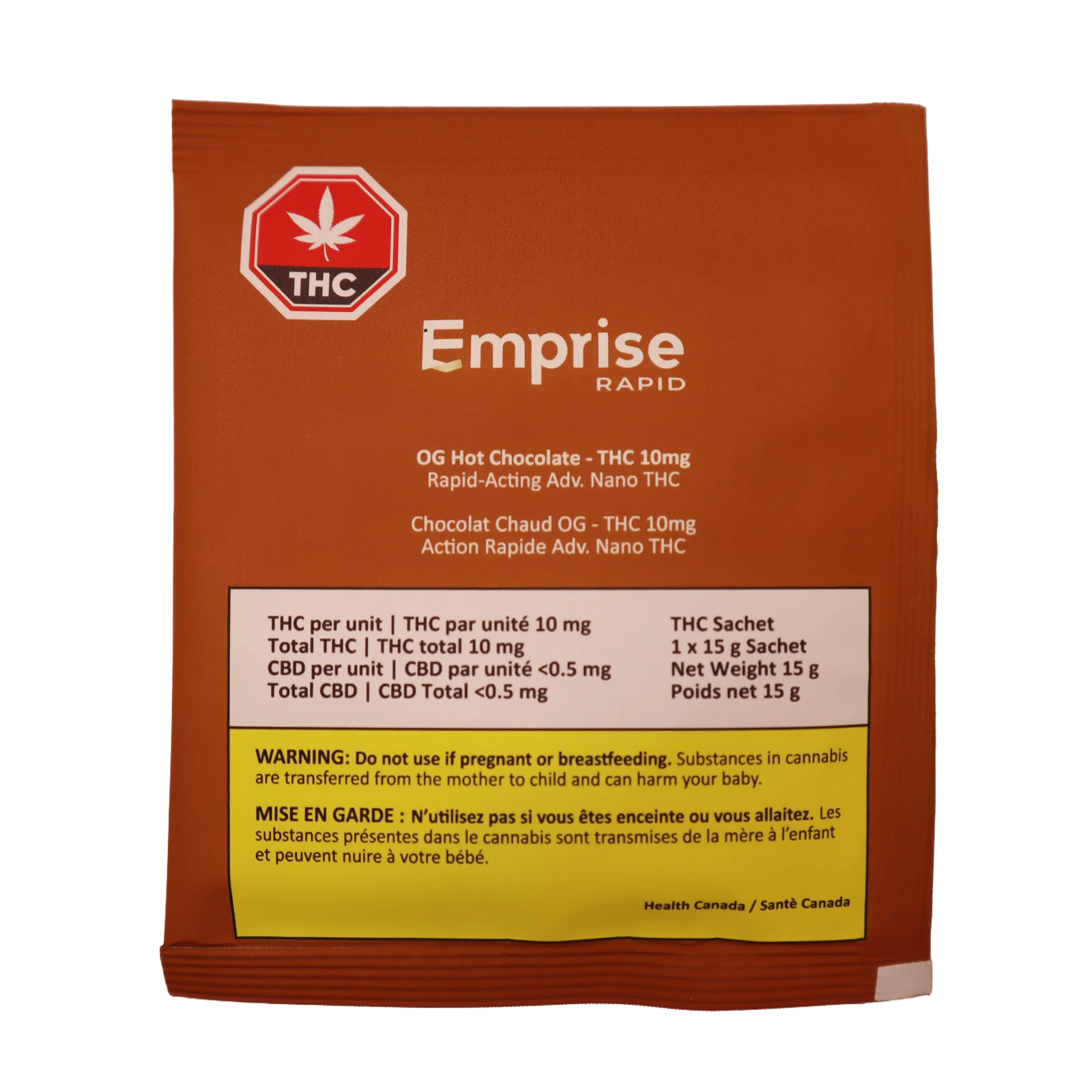 Photograph of the brown Emprise Rapid OG Hot Chocolate THC 10mg sachet packet, shown at an angle.